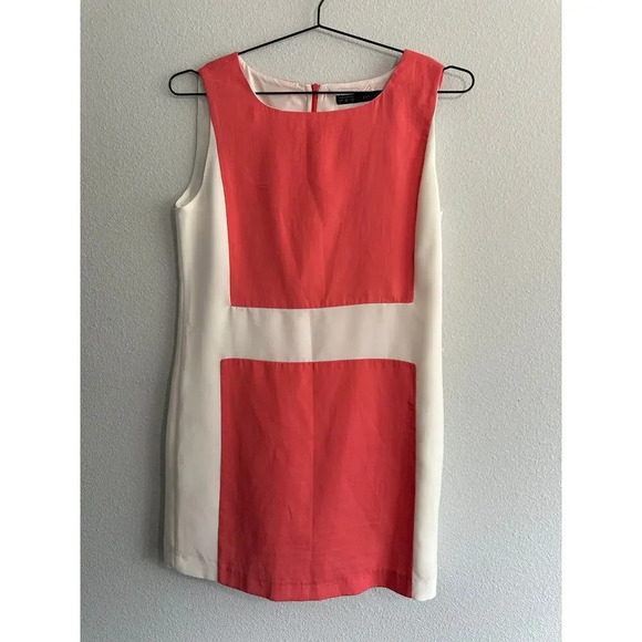 Zara Basic Coral White Colorblock Mod 70s inspired Sheath Sleeveless Dress Sz M - Picture 3 of 12